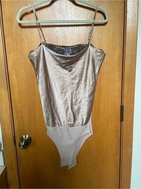 Cami NYC Silky Lace-Trim Nude Beige Bodysuit Tank Top, size S